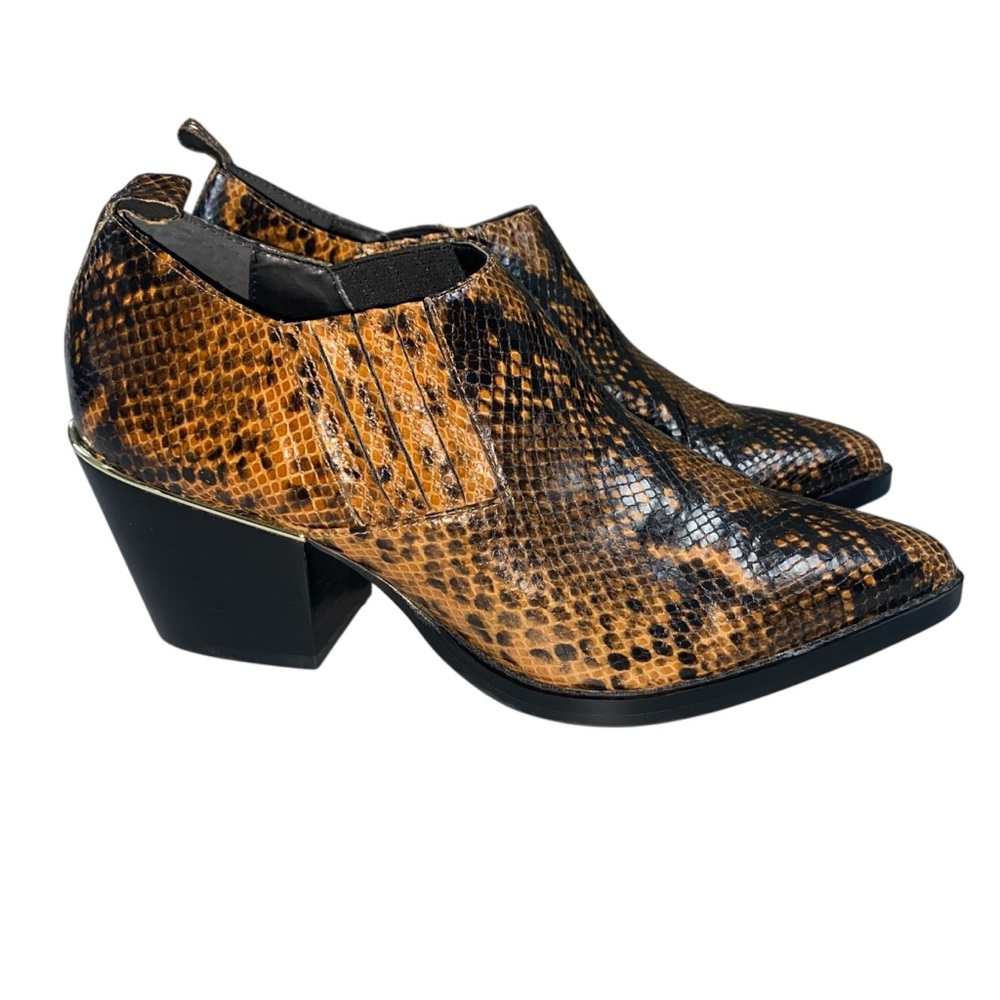 Bleeker & Bond Lydia Brown Snake-Print Block Heel Ankle Shoe Leather Size 8.5